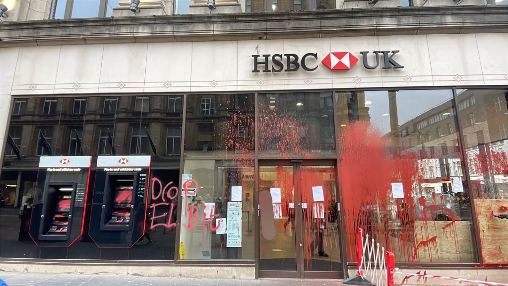 BREAKING: The Glasgow branch of HSBC targeted AGAIN, forcing the branch to temporarily close.

People are committed to taking direct action against the bank, until it pulls its investments in Israeli weapons firm Elbit Systems.