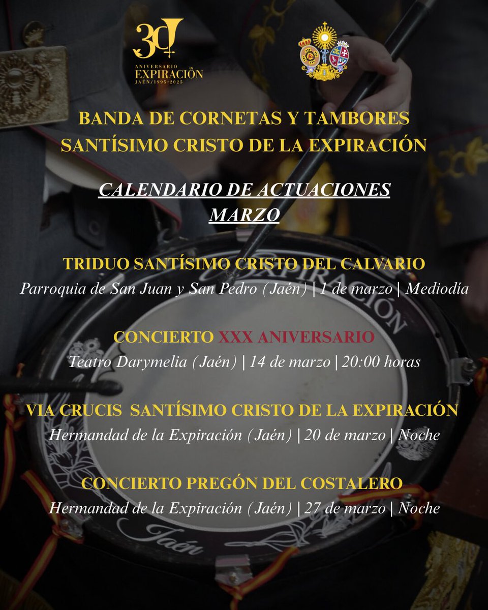 🗓️ | 𝐂𝐀𝐋𝐄𝐍𝐃𝐀𝐑𝐈𝐎 𝐃𝐄 𝐀𝐂𝐓𝐔𝐀𝐂𝐈𝐎𝐍𝐄𝐒

Os dejamos con el calendario de actuaciones que tendrá nuestra formación de cara a la próxima cuaresma, con alguna que otra sorpresa… 😉

‼️ | Pronto más novedades.

#ExpiraciónDeJaén #SonesDeExpiración #XXXAniversario