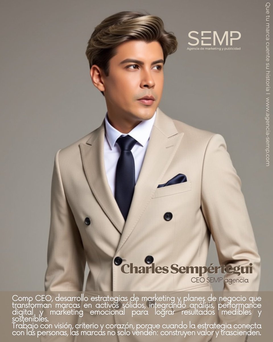 Dirigir una empresa no es solo crecer, es definir visión, rumbo y propósito.
La estrategia conecta cuando entiende a las personas.
- Charles Sempértegui <a href="/Charles_semp/">Charles Sempértegui</a> 
CEO de SEMP