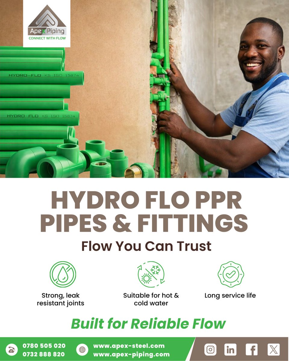 Apex_Piping's tweet photo. HYDRO PPR Pipes and Fittings from Apex Piping are designed to deliver consistent water flow with maximum reliability. 

Engineered for both hot and cold water systems, they offer strong joint integrity and long-term performance. https://t.co/VO0hZHRP2q