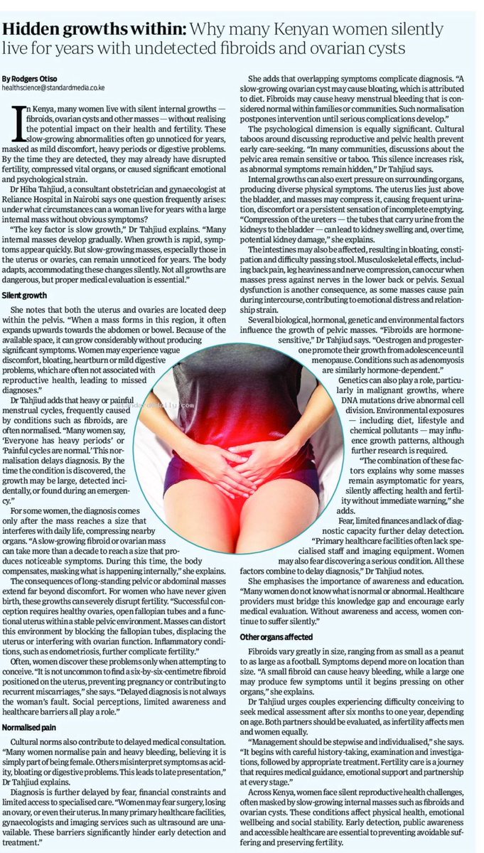 RelianceHospKe's tweet photo. Proud to see our very own Dr. Hiba Tahjiud a Consultant Obstetrics and Gynecologist at The Reliance Hospital  sharing her  expertise on pelvic and abdominal growths. 
You can catch the insightful read in Today's Standard Newspaper.
#medicalfacts #healtheducator #gynecology https://t.co/kpXrCb3Hs1