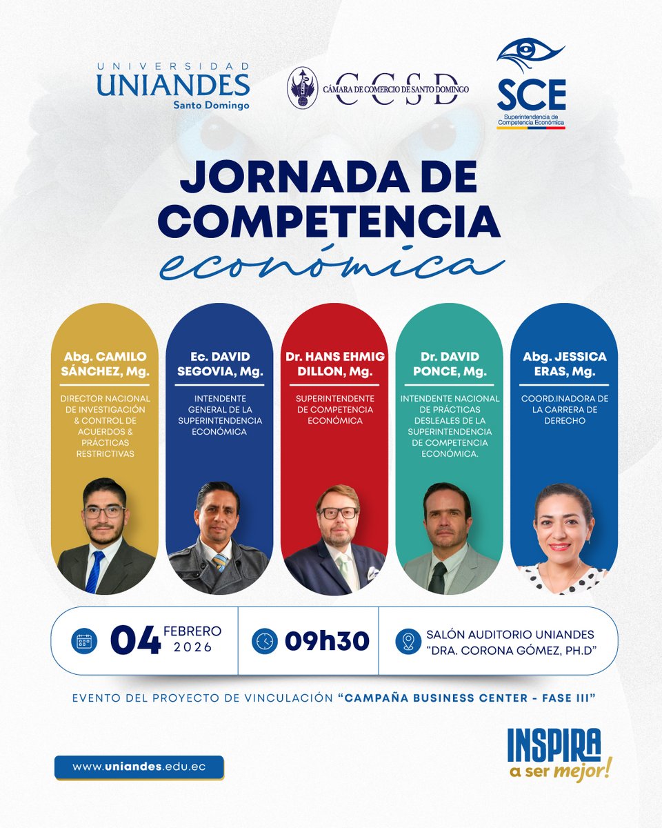 La academia es nuestra aliada 🫱🏼‍🫲🏻 

La SCE  y la Universidad UNIANDES - #SantoDomingo invitan a toda la ciudadanía a la Jornada de Competencia Económica.   

🗓️04 de febrero 2026
⏰09H30
📍Auditorio UNIANDES

¡Pasa la voz!⬇️