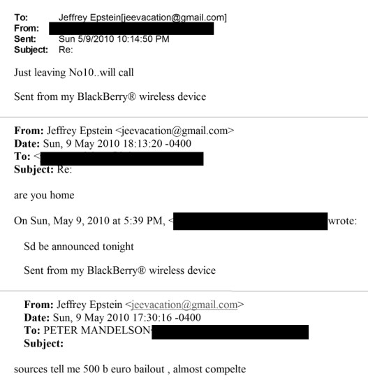 Lord Mandelson gave Jeffrey Epstein advance notice of a €500bn bailout to save the Euro

He messaged Epstein about the bailout on the evening of May 9, 2010

It was formally announced the following morning