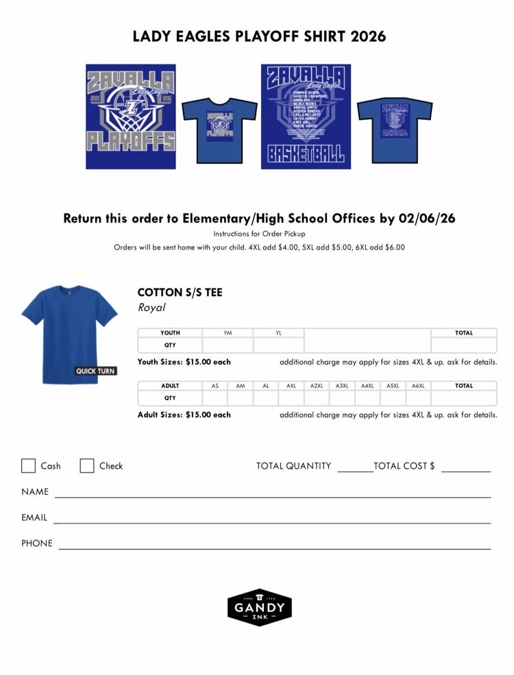 Zavalla Lady Eagles are PLAYOFF BOUND!!! Playoff Shirt sizes and money are due by 3:00 pm Friday, February 6, 2026. Shirts are $15 a piece.