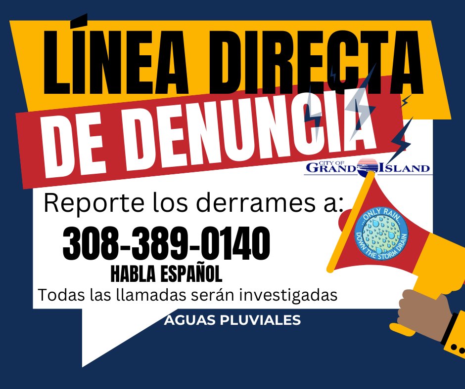 Los derrames de combustible, aceite, pintura o líquidos de basura pueden propagarse rápidamente en el agua pluvial. Incluso pequeñas cantidades contaminan.
Reporte derrames que puedan llegar o ya hayan llegado al agua en movimiento: 308-389-0140.
En emergencias, llame al 911.
