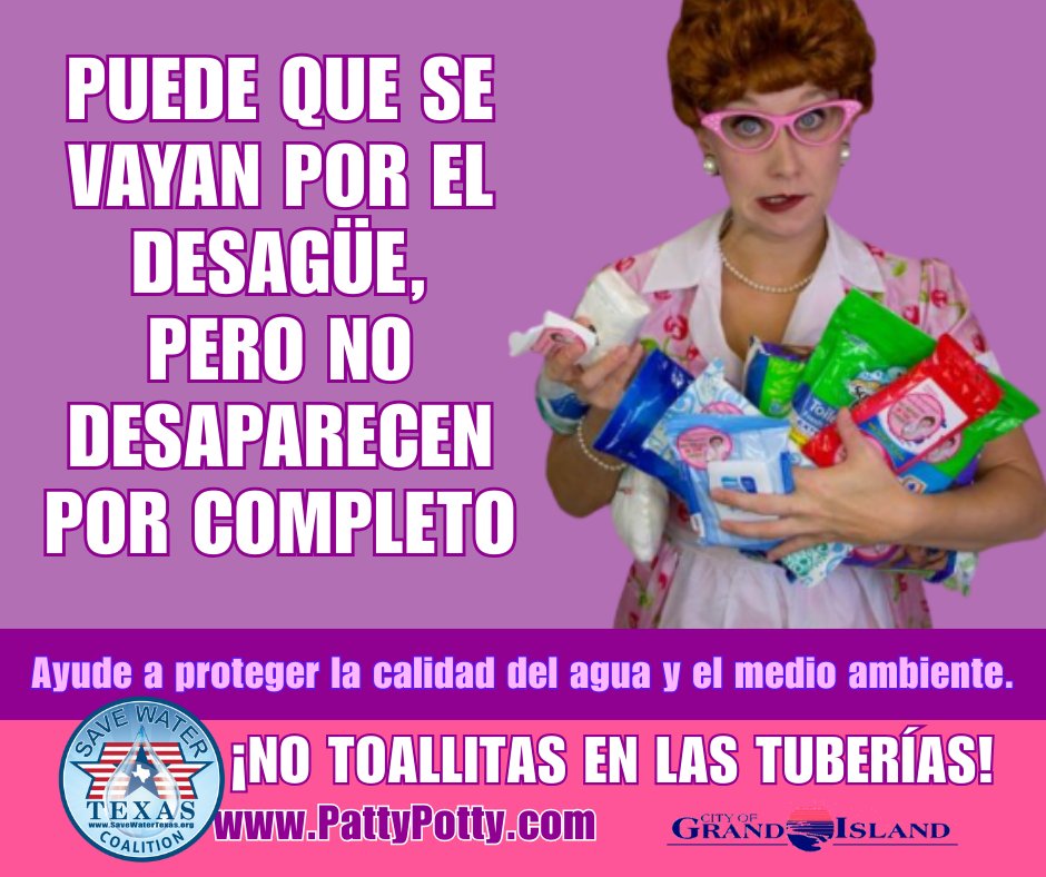 Las toallitas “desechables” bajan por el inodoro, pero no se van.
Obstruyen tuberías y dañan el sistema sanitario. Ayude a proteger el agua: no toallitas en las tuberías.
Más información en pattypotty.com.