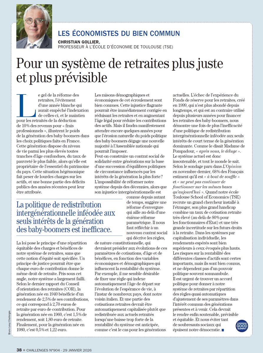 Mon article cette semaine dans Challenges sur les retraites. Sur la nécessité d'établir un contrat social intergénérationnel.