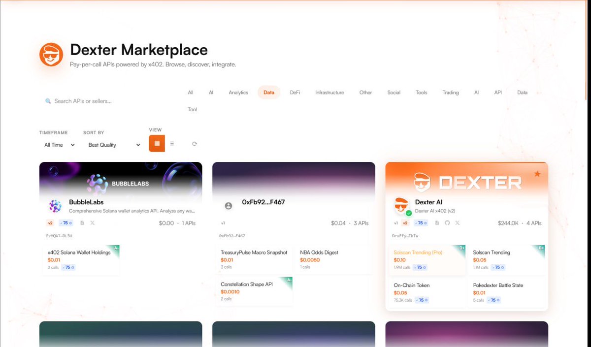 <a href="/BubbleLabsTech/">Bubble Labs</a> X <a href="/dexteraisol/">Dexter AI</a> 🚨

BubbleLabs endpoints are now listed on dexter.cash 

Developers and agents can access our API endpoints via x402 directly through Dexter.

Explore Below 👇
 dexter.cash/sellers/EvMQAJ…