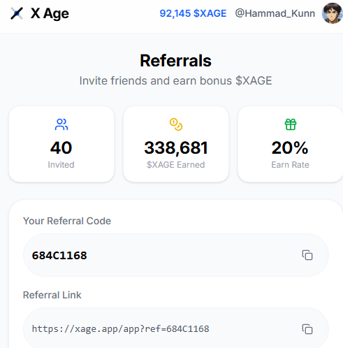 <a href="/xage_app/">X Age - for real X OGs.</a> team fix my points

and guys please use my ref

xage.app/app?ref=684C11…

ref = 684C1168