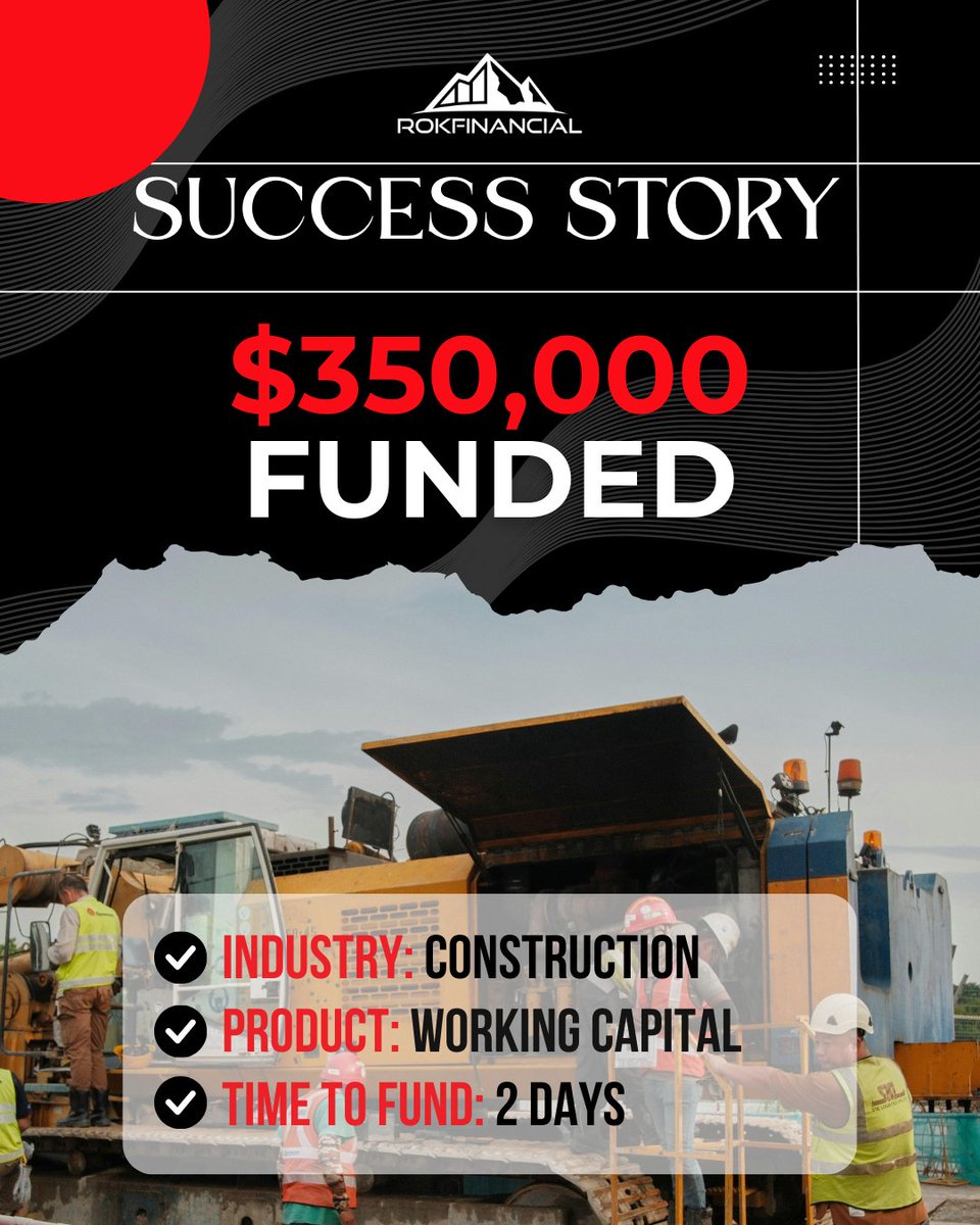Cash flow delays can stall construction jobs fast.

This client secured $350,000 in working capital — funded in 2 days — to keep operations running without pause.
go.mypartner.io/business-finan…
👉 Let’s help more businesses build without delays. Connect with ROK.