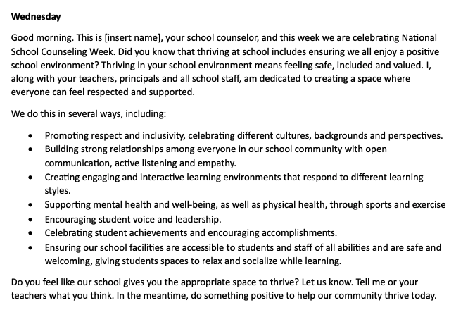 PrincipalProj's tweet image. It's #NationalSchoolCounselingWeek!

Introduce your students to school counselors with this series of morning announcements for each day via @ASCAtweets: 

schoolcounselor.org/getmedia/20787…