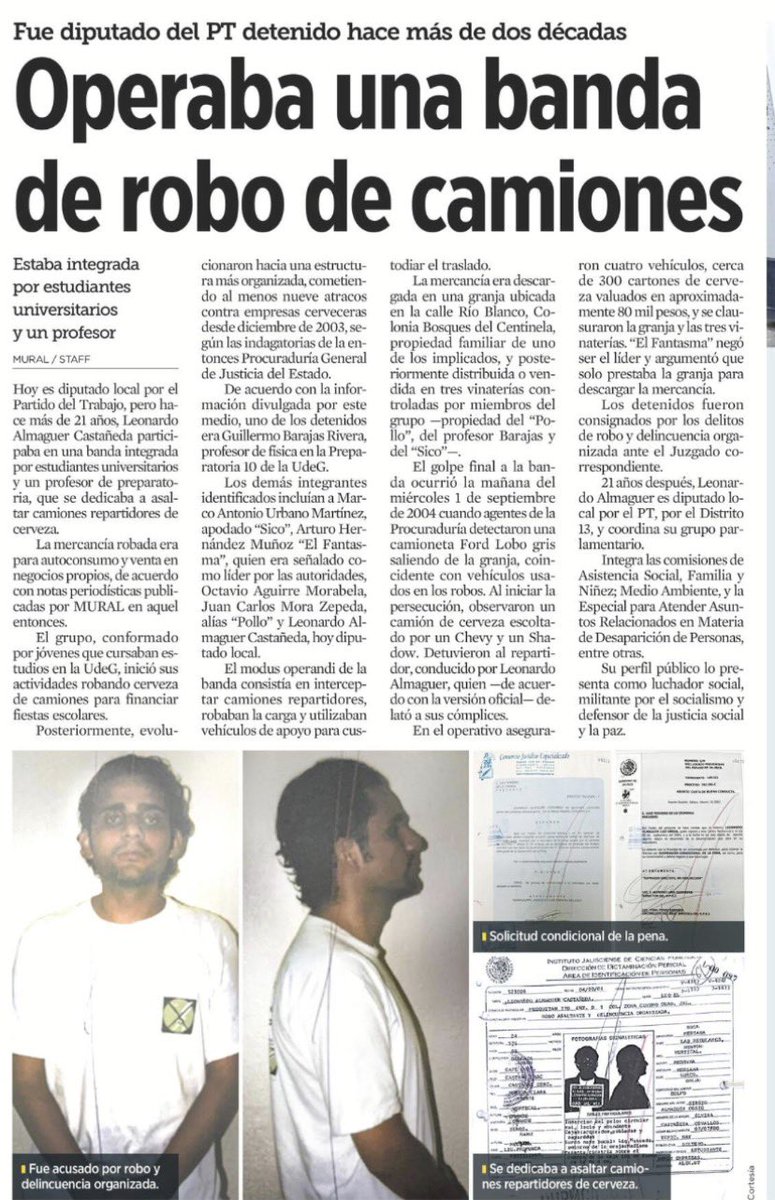Parece que para ser dirigente o diputado del <a href="/JALISCOPT/">PT JALISCO</a> es requisito ser delincuente.
Tanto el diputado local <a href="/leoalmaguer1/">Leonardo Almaguer </a> como su dirigente estatal el diputado federal José Luis Sánchez Gonzalez tienen antecedentes penales

Via <a href="/muralcom/">mural.com</a>