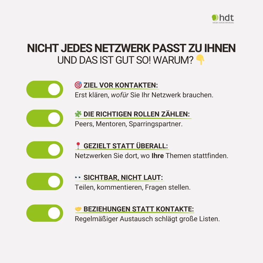 Nicht überall vernetzt sein - sondern richtig. 🎯 Ziele klären, passende Rollen finden, sichtbar sein ohne Lärm.

Ein gutes Netzwerk ist nicht groß. Es ist stimmig. 🤝
