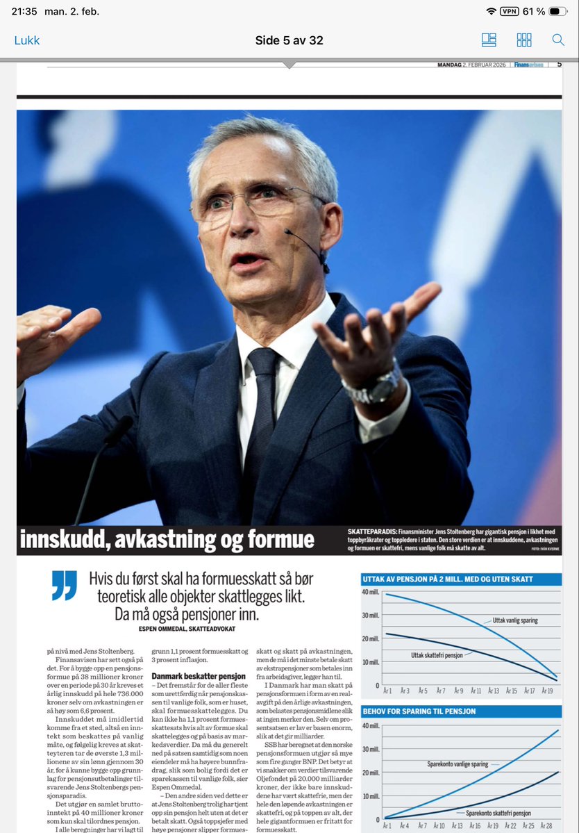 Finansavisen viser hvilke store personlige skattefordeler vår finansminister har. 
Og Stoltenberg har ingen skrupler med å synes at alle andre som rammes av hardere beskatning, enn ham selv, er «rettferdig»