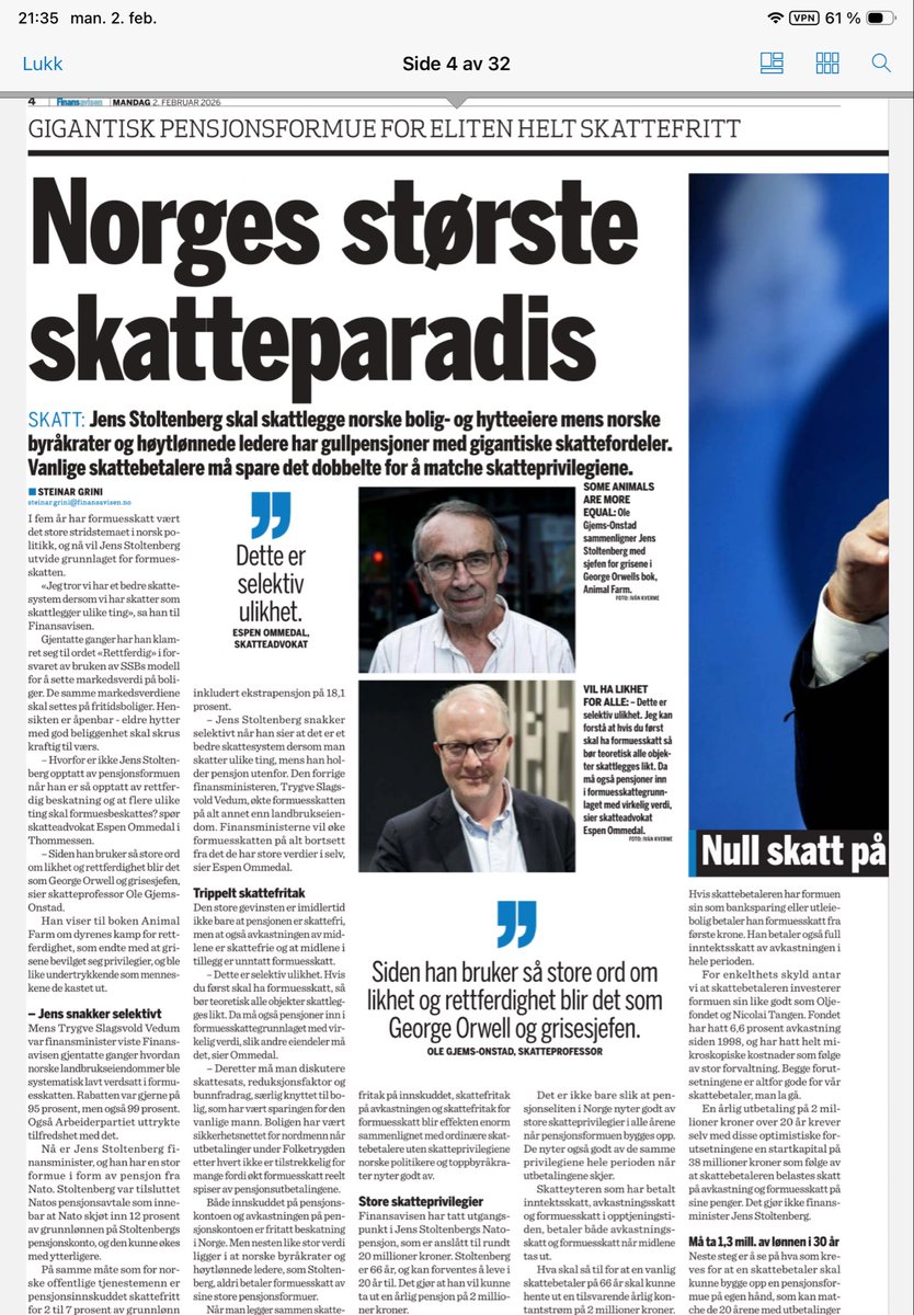 tomkristensen's tweet photo. Finansavisen viser hvilke store personlige skattefordeler vår finansminister har. 
Og Stoltenberg har ingen skrupler med å synes at alle andre som rammes av hardere beskatning, enn ham selv, er «rettferdig» https://t.co/5FByo3lUZY