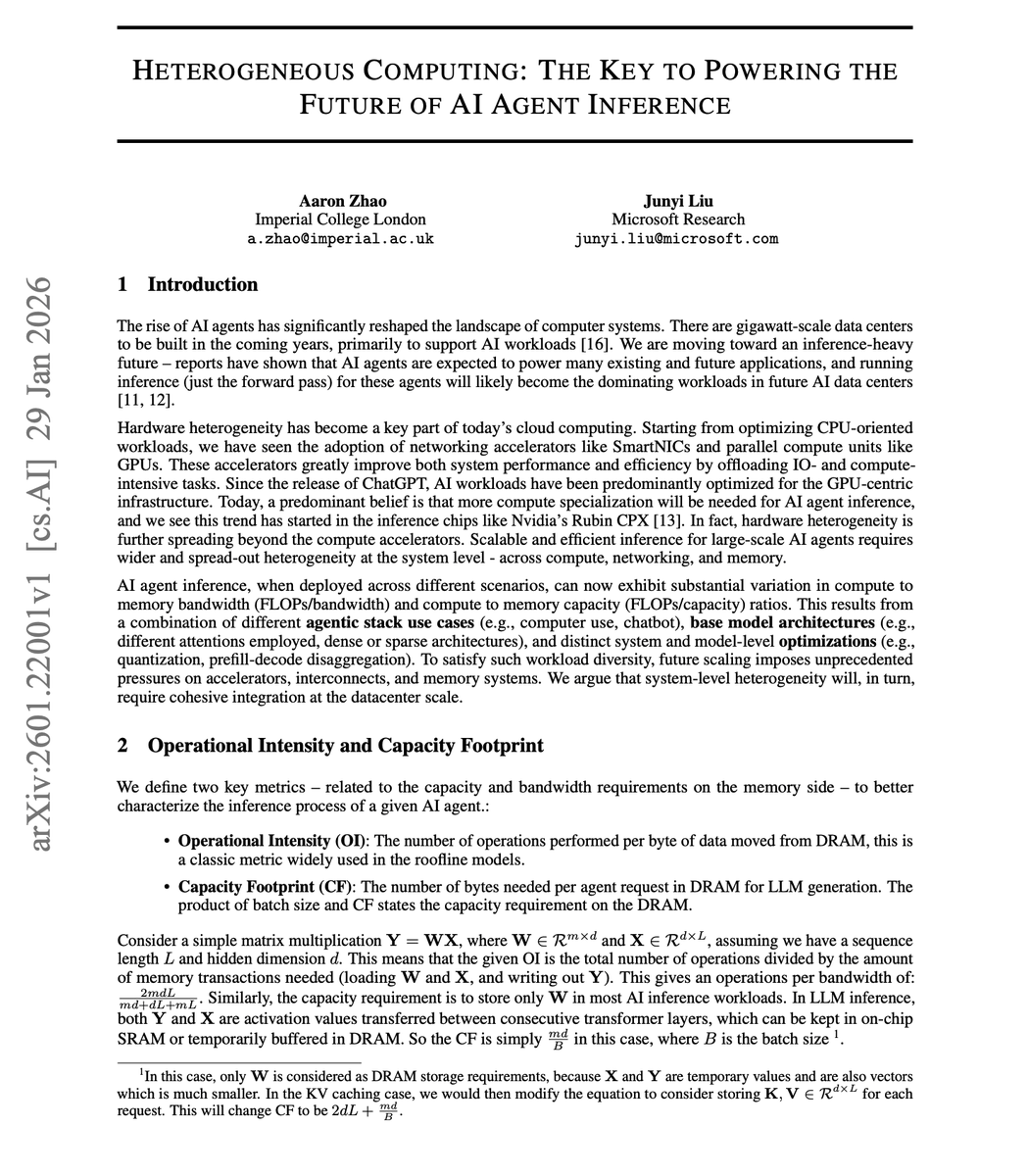 dair_ai's tweet image. Research from Imperial College London and Microsoft Research.

According to this work, more compute FLOPs won't solve the AI agent inference problem.

As AI agents move from chatbots to coding, web-use, and computer-use workflows, the memory capacity wall becomes the binding…