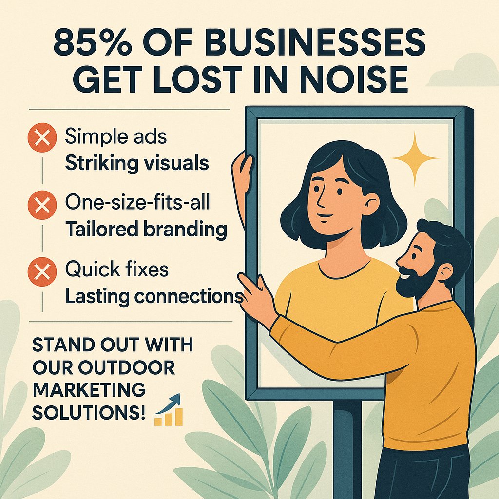 AboveAllAd's tweet photo. 85% of businesses get lost in noise.  

❌ Simple ads vs. Striking visuals.  
❌ One-size-fits-all vs. Tailored branding.  
❌ Quick fixes vs. Lasting connections.  

Stand out with our outdoor marketing solutions! 📈🌟 Make every impression count! https://t.co/IxYqGfJbjo