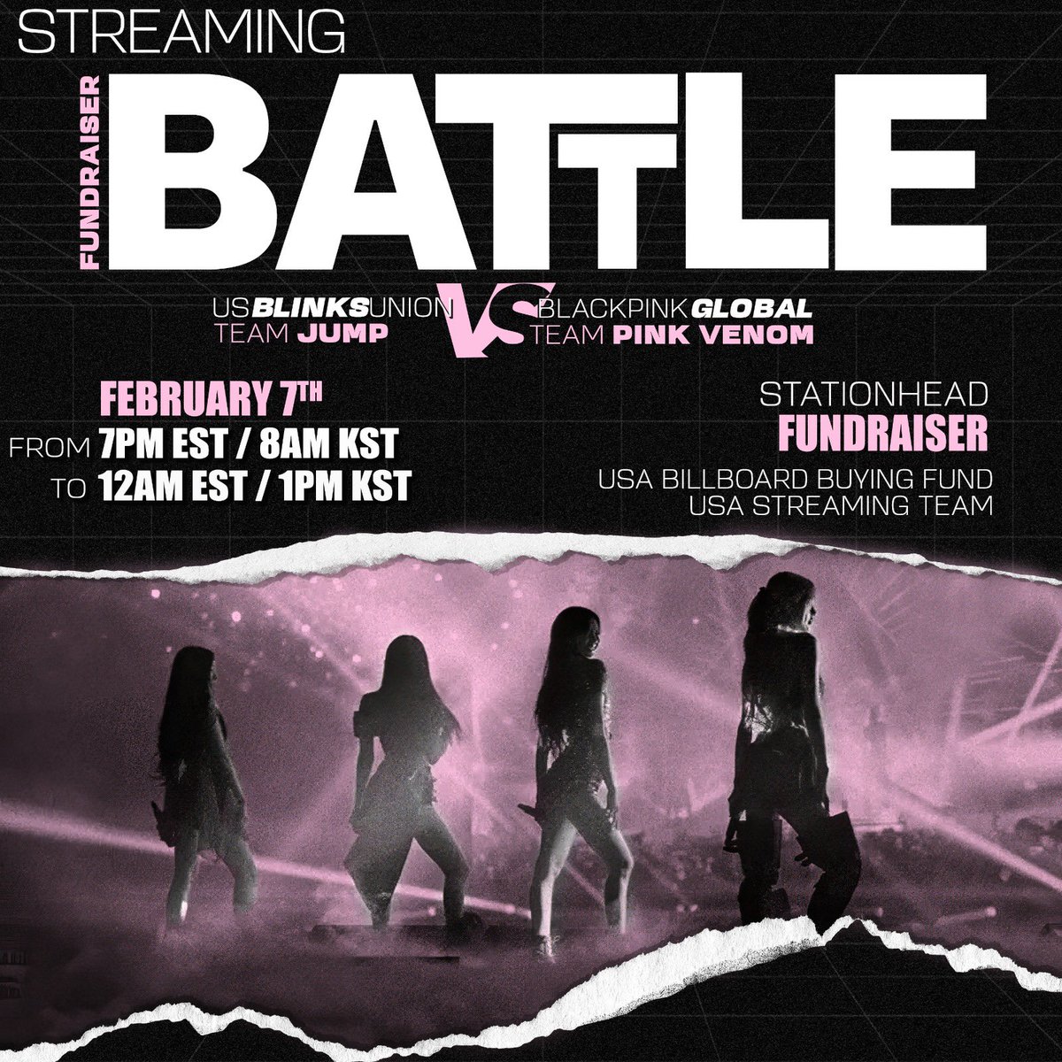 USBU4WAYS's tweet image. #DEADLINE 𝗙𝗨𝗡𝗗𝗥𝗔𝗜𝗦𝗜𝗡𝗚 𝗘𝗩𝗘𝗡𝗧 ⚔️

USBU (#JUMP) vs BPG (#PinkVenom) 

Join us on February 7th at 7PM EST - 12PM EST on STATIONHEAD for a Donation Battle against @BLACKPINKGLOBAL.

Station: share.stationhead.com/ux0iibkr98zr

① USA Billboard Buying Fund

Main Donation Link:
⇢