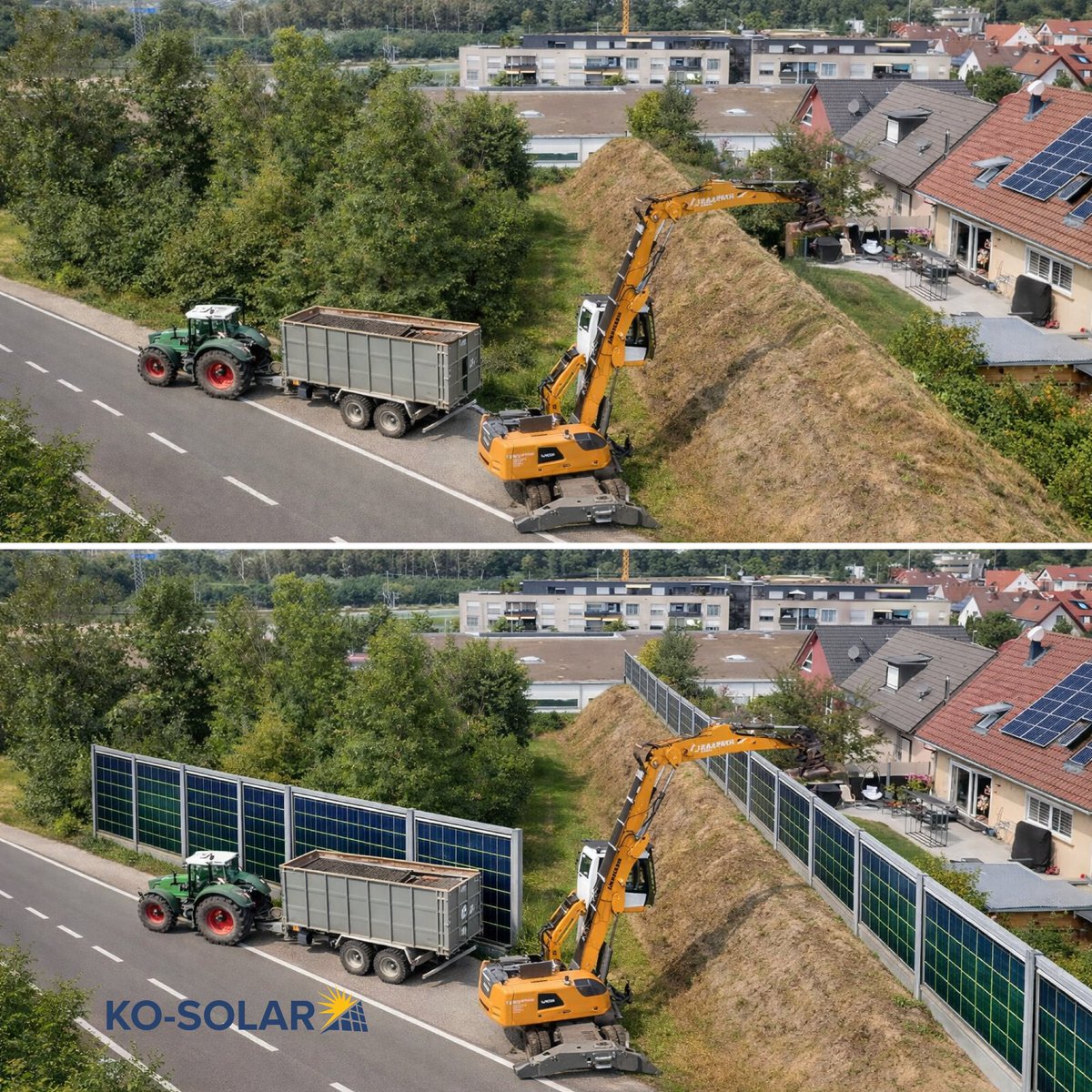 SolarSoundWall's tweet photo. Before &amp; after: Ko-Solar’s #solarnoisebarriers turn underutilized right-of-way into dual-purpose #Infrastructure noise and generating #cleanenergy. The energy transition isn’t always about new land, but reimagining what already exists.

@SolarSoundWall: https://t.co/r8OgYEXNse https://t.co/GMDmojYmLb