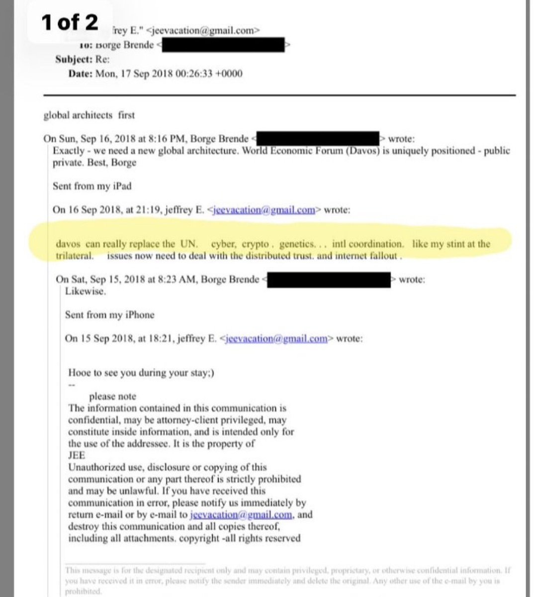 elmercurioAON's tweet photo. 🇮🇱 Trump: El Caballo de Troya del Siglo 👇

Un correo electrónico atribuido a Jeffrey Epstein revela que él consideraba que el Foro Económico Mundial de Davos podía reemplazar efectivamente a la ONU en temas clave como ciberseguridad, criptomonedas, genética y coordinación internacional. 

Este plan se estaría ejecutando ahora mismo a través de figuras como Donald Trump, Elon Musk, BlackRock y Palantir, quienes estarían impulsando una tecnocracia transhumanista y una gobernanza global de la IA, pero reempaquetada como una versión aceptable para el público “MAGA”. 

Recordemos a Trump y su discurso principal en Davos de este año, donde anunció el proyecto de reconstrucción de Gaza como “Junta de la Paz”, eso sería la prueba de que todo fue planeado con anticipación, con Epstein al tanto o incluso involucrado.