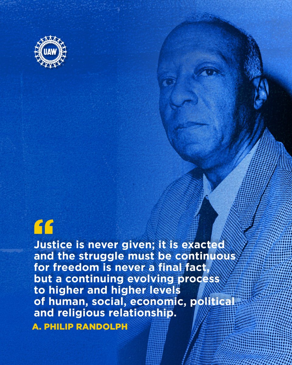 UAW's tweet photo. Acknowledged as the greatest Black labor leader in American history, A. Philip Randolph founded the Brotherhood of Sleeping Car Porters and was a pioneer in advancing racial equality within the labor movement.  #BlackHistoryMonth https://t.co/i3M89li2qD