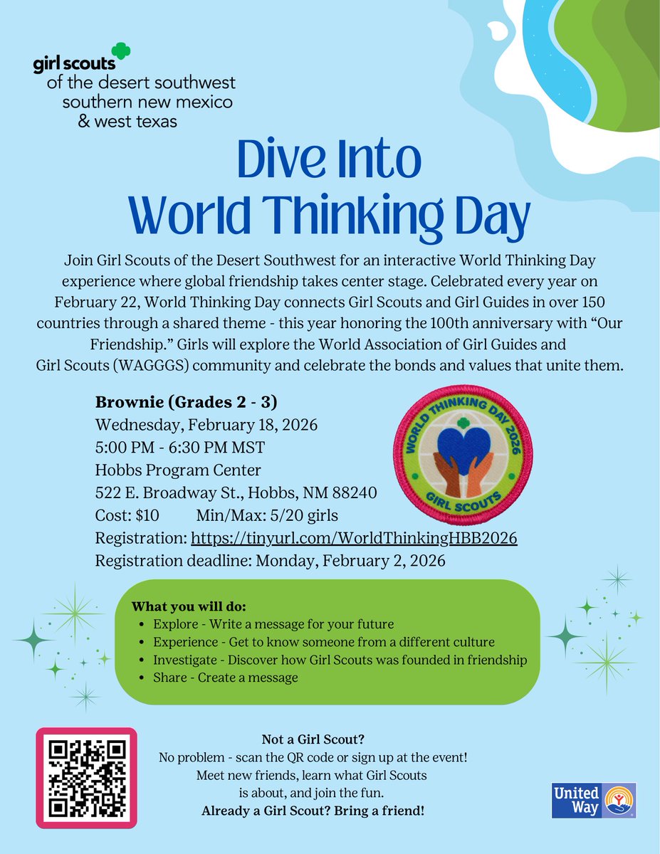 GSDSWOfficial's tweet photo. 🌍💙 Dive Into World Thinking Day! 💙🌍

Brownies! Explore global friendship and celebrate 100 years of World Thinking Day with the theme Our Friendship.✨

Register here:

https://t.co/vLoXyJg47A
Don't wait! The last day to register is today at 5:00 PM (MST) https://t.co/GiU8VHRvGH
