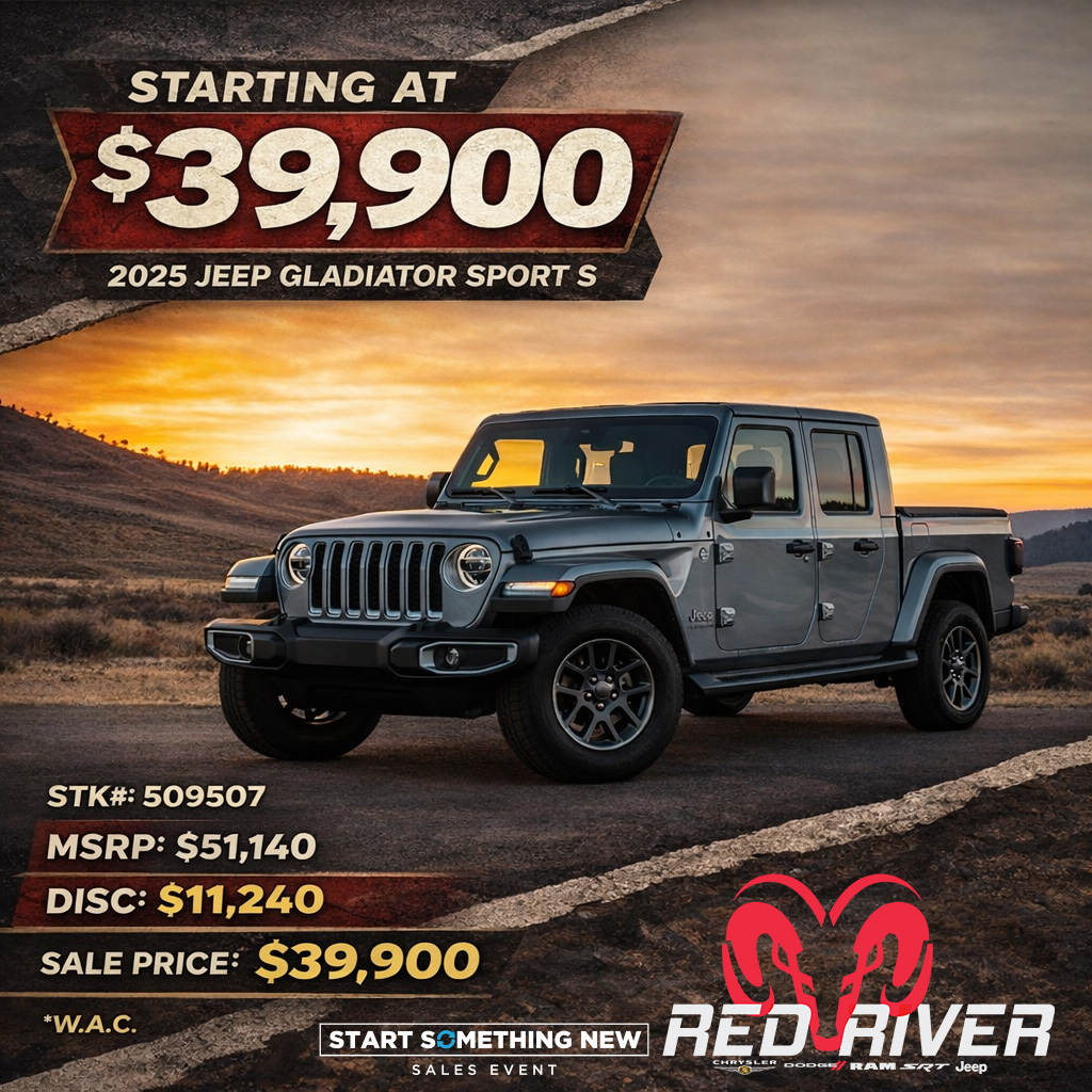RedRiverDodge's tweet photo. 🌄 Adventure starts here!

Drive a 2025 Jeep Gladiator Sport S starting at $39,900 🔥
Built for the trail, ready for everyday life.

📍Red River Dodge
With approved credit. See dealer for details.

#JeepGladiator #JeepLife #RedRiverCDJR https://t.co/sGXHLV7lq5