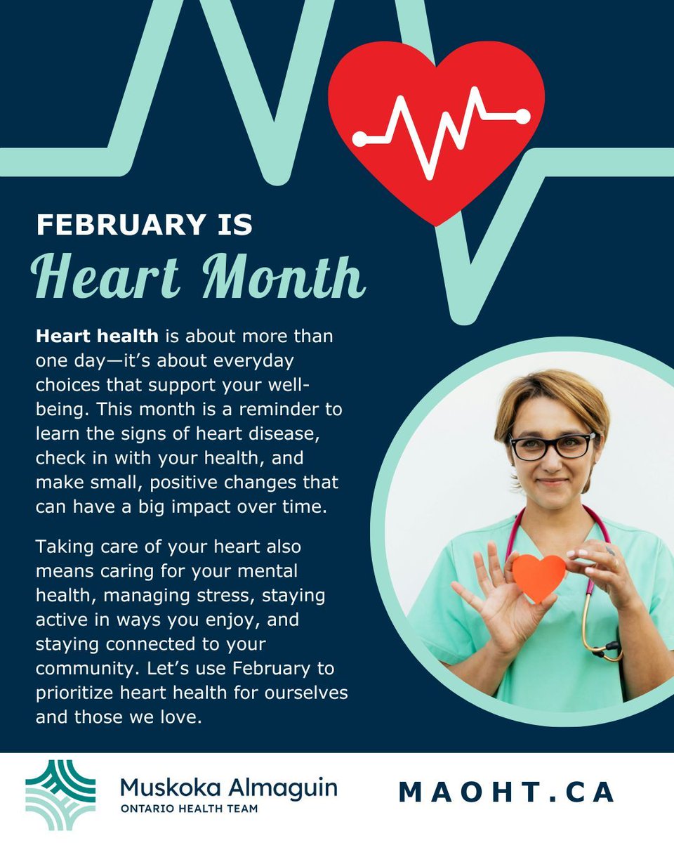 MuskokaAlmaguin's tweet image. February is Heart Month ❤️

Small daily choices—knowing the signs, managing stress, staying active, and staying connected—support long-term heart health. Let’s prioritize our hearts this month and beyond. 

#HeartMonth #PreventiveHealth #MAOHT #OHT #OntarioHealthTeam