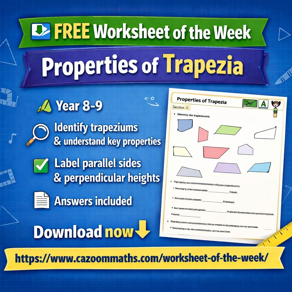 CazoomMaths's tweet photo. 📥 FREE Worksheet of the Week

Properties of Trapezia

📐 Year 8-9
🔍 Identify trapeziums &amp; understand key properties
✅ Label parallel sides &amp; perpendicular heights
📄 Answers included

Download now 👇 https://t.co/fRIw0n96R8 https://t.co/dY2JwQk6jm