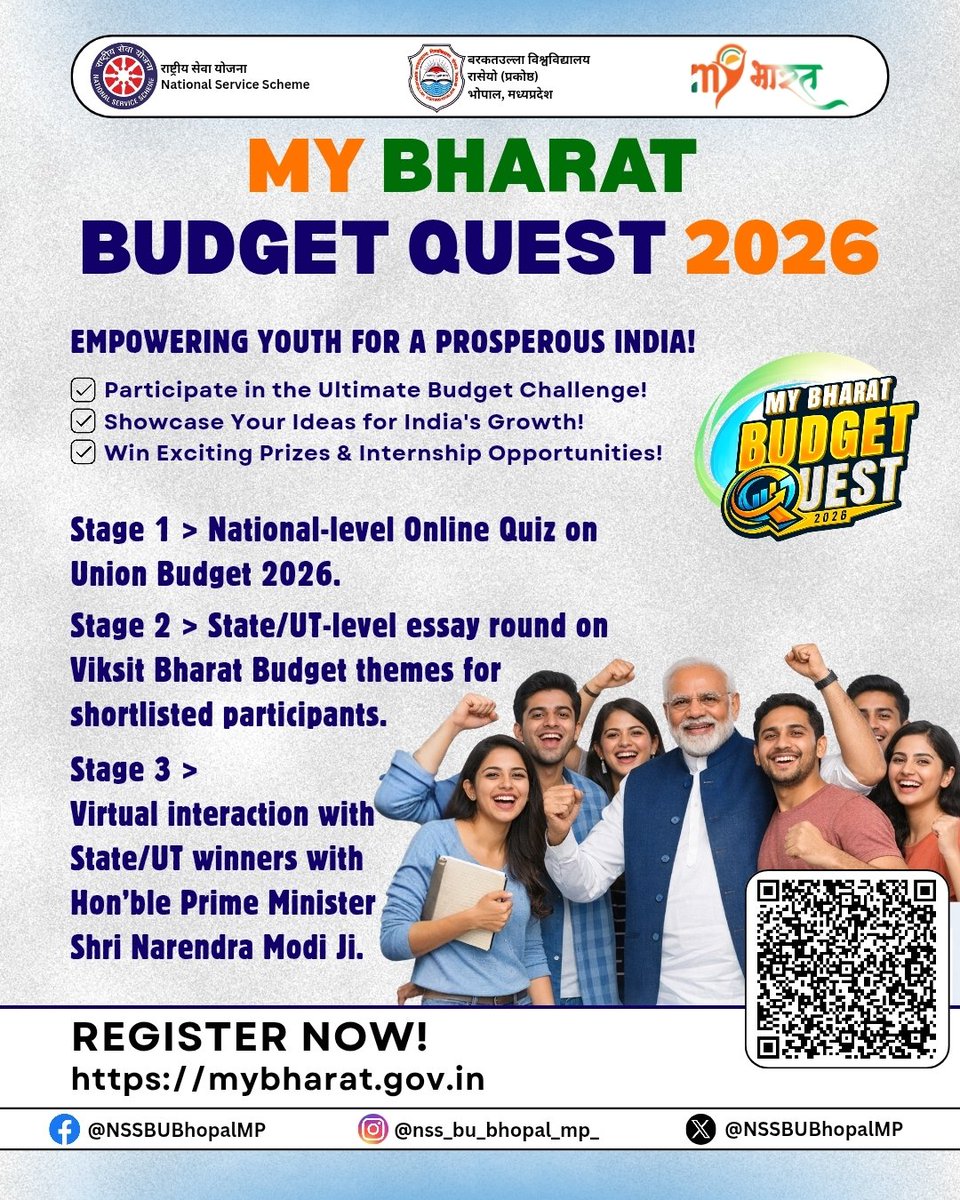 Your ideas can shape India’s future! 🇮🇳
Budget 2026 invites young minds to join the conversation on building a Developed India.
Play the MY Bharat Budget Quest 2026 Quiz between 3–17 February and be part of the change. #mybharatquest2026