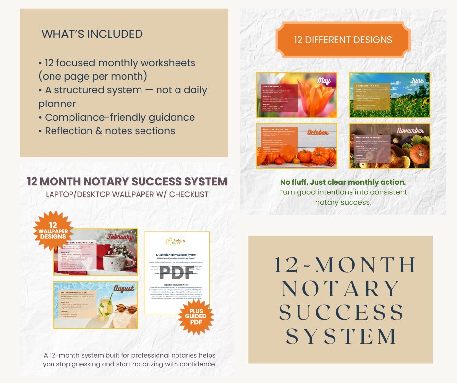 Running a notary business shouldn’t feel overwhelming!

The 12-Month Notary Success System is a guided workbook designed to help notaries build confidence, consistency, and professionalism one month at a time. 
Grab your system HERE: tinyurl.com/2vk3bb42

#NOTARYLIFE