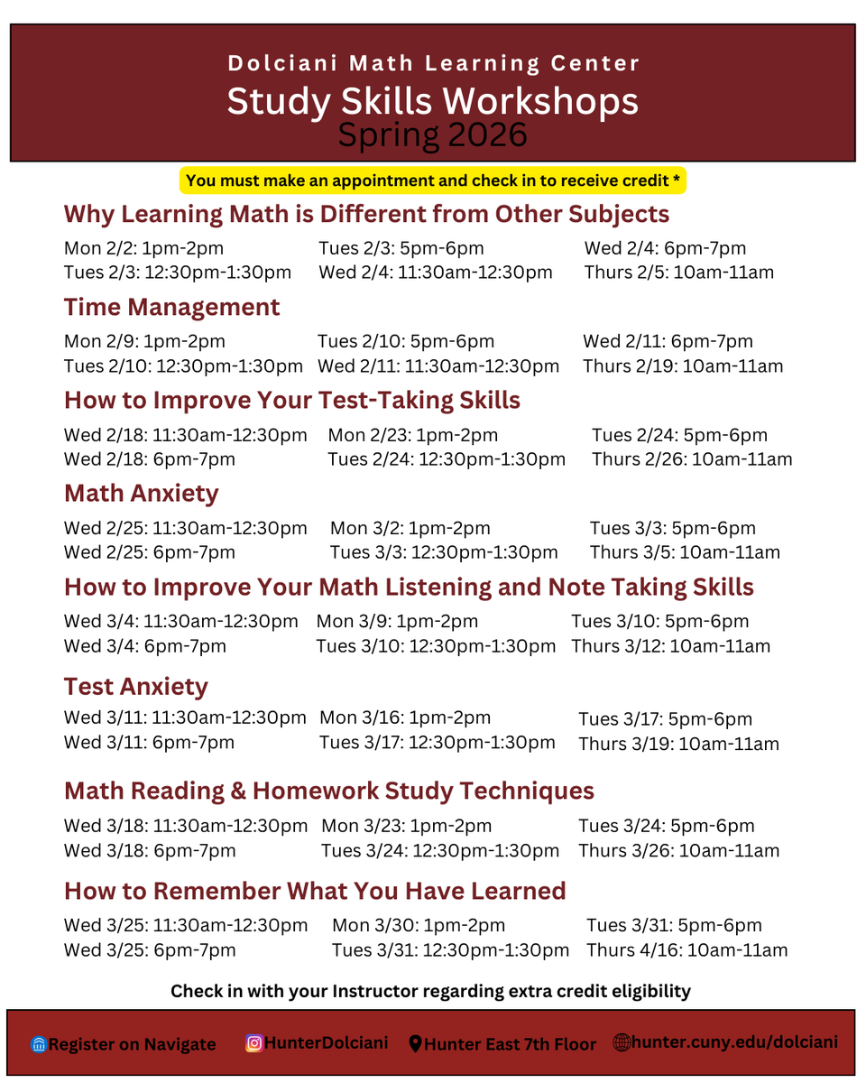 HunterDolciani's tweet photo. Math Study Skills are back this semester! Make an appointment on Navigate today! https://t.co/xqowxB3nR8