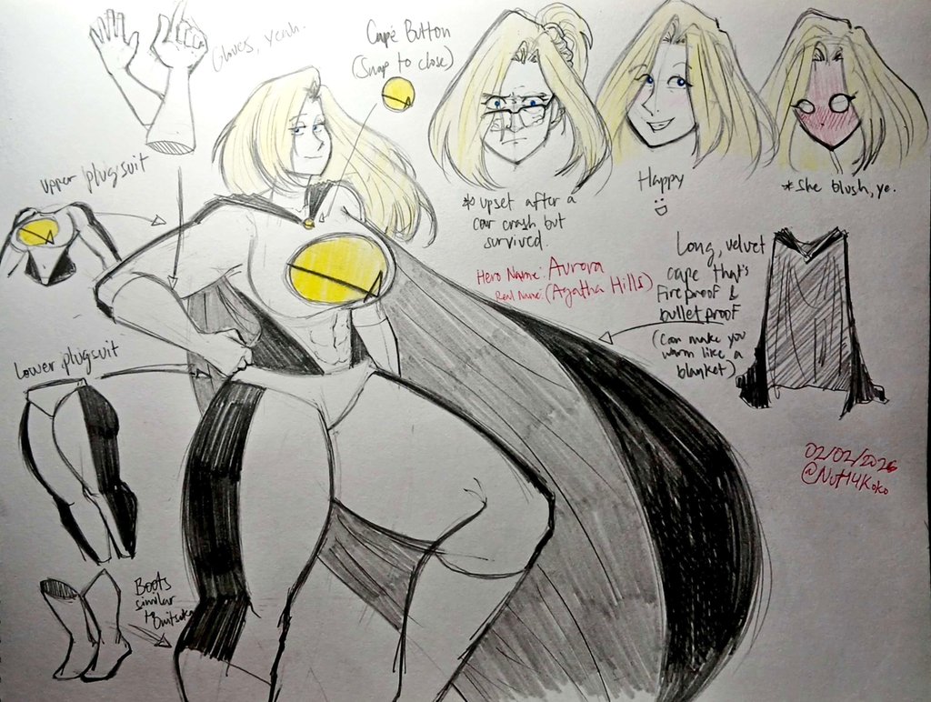 Aurora's supersuit details &amp; her expressions!

Her supersuit kiiiinda works like a plugsuit from Neon Genesis Evangelion or that adjustable jacket from BTTF2. 

Boots are light, similar to Onitsuka

Even her cape is fireproof, bulletproof, can be used as a blanket &amp; for warmth :>