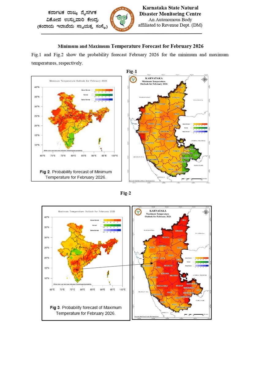 KarnatakaSNDMC's tweet image. #Outlook for the Maximum &amp;amp; Minimum #Temperatures &amp;amp; #Rainfall during February 2026
@KarnatakaVarthe #KarnatakaRains #KSNDMC