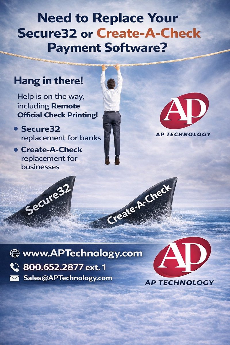 gregwilfahrt's tweet photo. #Banks! Remote check printing for #business customers = fewer trips to the bank + faster deal closes. We also have #Secure32 replacement payment solutions for banks and #CreateACheck replacement for businesses. Automated business payments by AP Technology: https://t.co/IIifVBgvQT https://t.co/AWdNYfJTIb