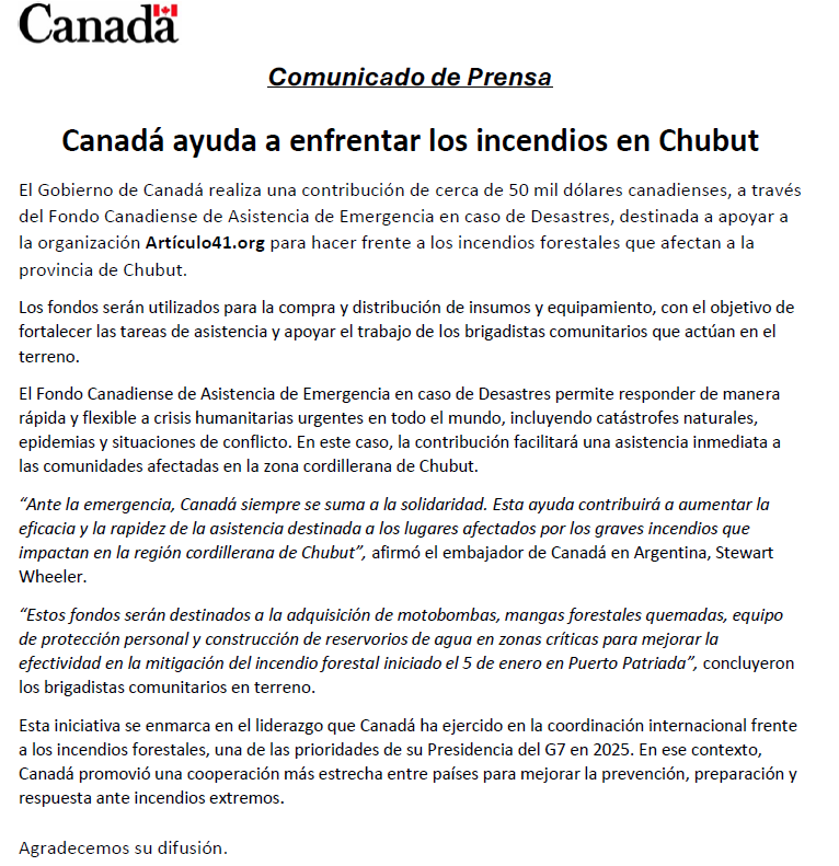 EmbCanArgentina's tweet photo. 🇨🇦🤝🇦🇷 
Canadá ayuda a enfrentar los incendios en Chubut.

Compartimos comunicado de prensa 👇 https://t.co/3BhECQirO5