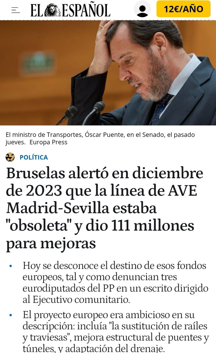 Tabarnia_BCN's tweet image. Bruselas alertó en diciembre de 2023 que la línea de AVE Madrid-Sevilla estaba "obsoleta" y dio 111 millones para mejoras.
"Se desconoce el destino de esos fondos"
EL PSOE ES UNA ORGANIZACIÓN CRIMINAL Y HAY QUE DENUNCIARLO TODOS LOS DÍAS.