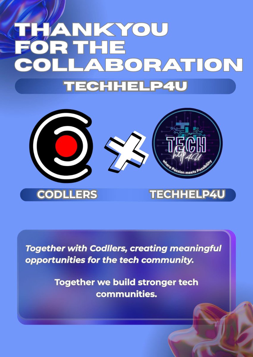 codllers's tweet photo. Thank you for the collaboration!
Codellers × TechHelp4U
Creating meaningful tech
opportunities together.
#coddlers #Techhelp4U #techcollab https://t.co/EUPhiDV2uR