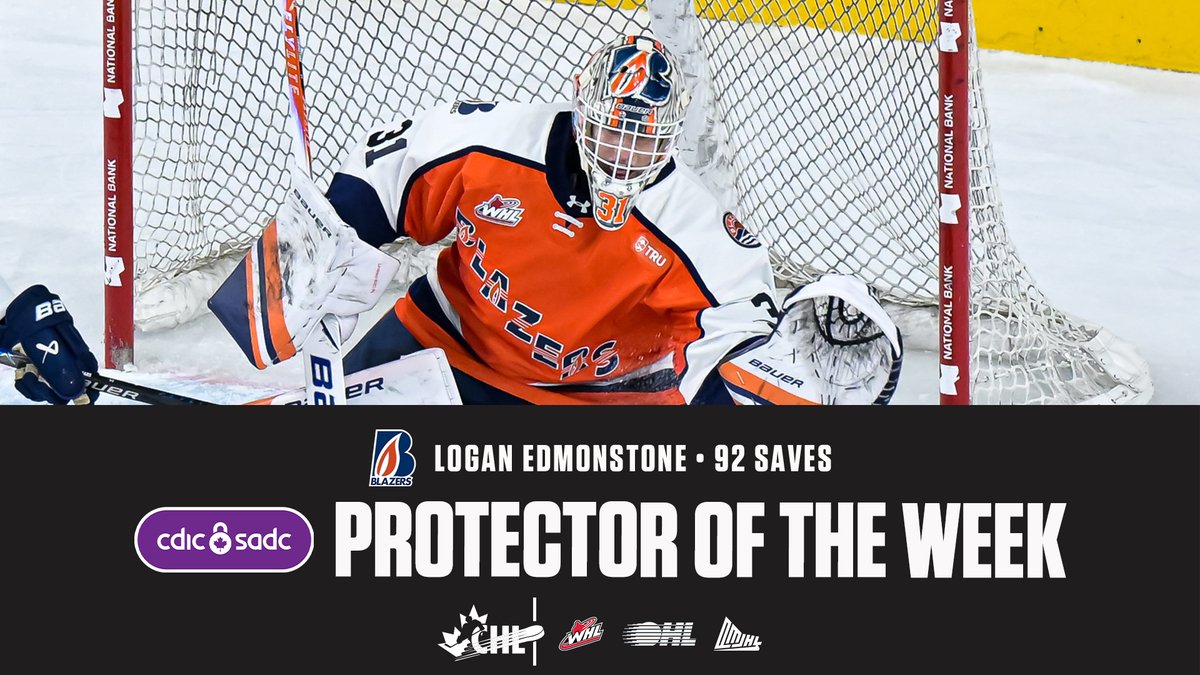 CHLHockey's tweet photo. With a 92-save week, @blazerhockey's Logan Edmonstone claims #CHLProtectoroftheWeek presented by @CDIC_CA honours! 👏 https://t.co/TRfrEHMagq