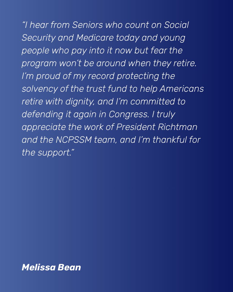 I’m proud of my record protecting the solvency of the Social Security trust fund, and I’m committed to defending it again in Congress. I'm grateful to NCPSSM for the support!