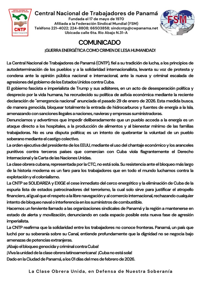 Orestes_PP's tweet photo. La Central Nacional de Trabajadores de Panamá (CNTP) alzó su voz en un comunicado condenando la nueva escalada de agresión del Gobierno de los Estados Unidos contra #Cuba 
(...) la dignidad no se negocia bajo amenazas de potencias extranjeras (...), expresó.
Texto íntegro aquí👇 https://t.co/I7fmZT2IoQ