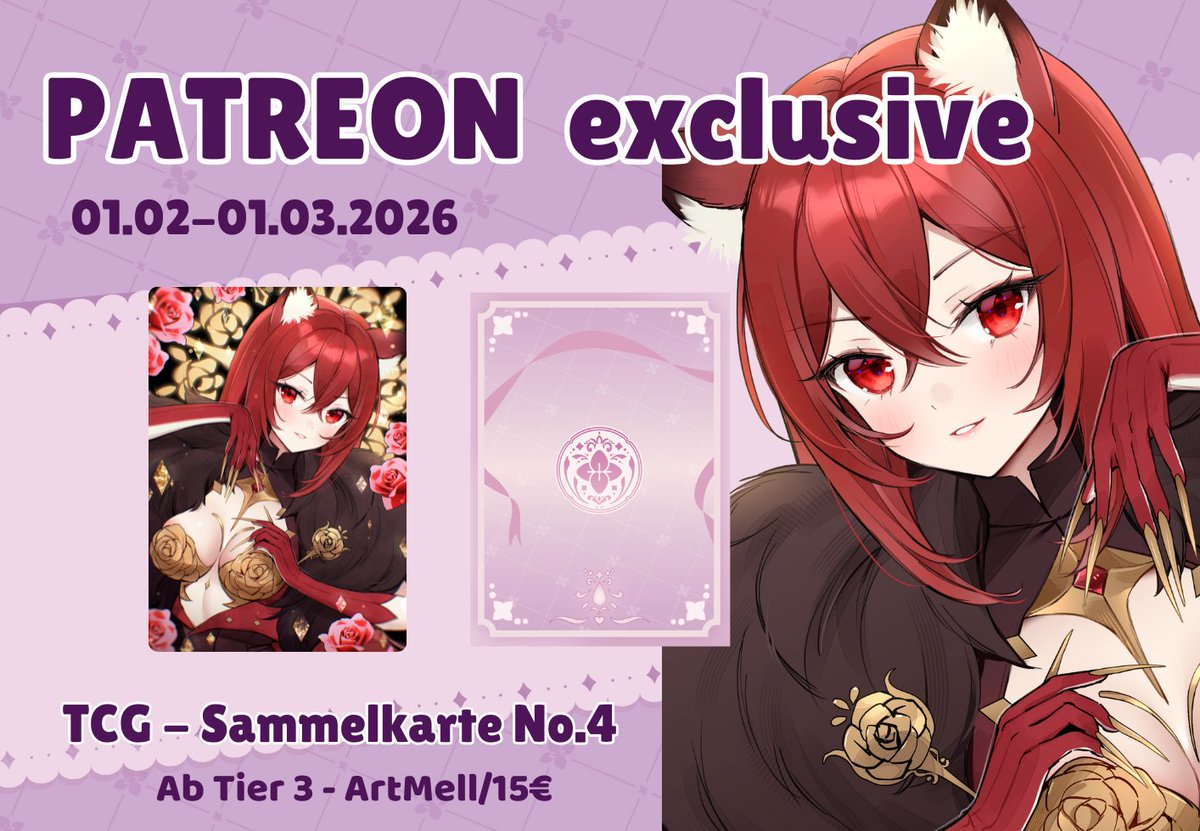 TCG Sammelkarte No. 4
Etwas verspäteter Post SRY! (gestern einfach nicht mehr geschafft)

Ihr könnt wieder vom 01.02 bis 1.03.2026 mit Mitgliedschaft Tier 3/Artmell eine P4treon exclusive Sammelkarte bekommen

Artist: #Namiyukie