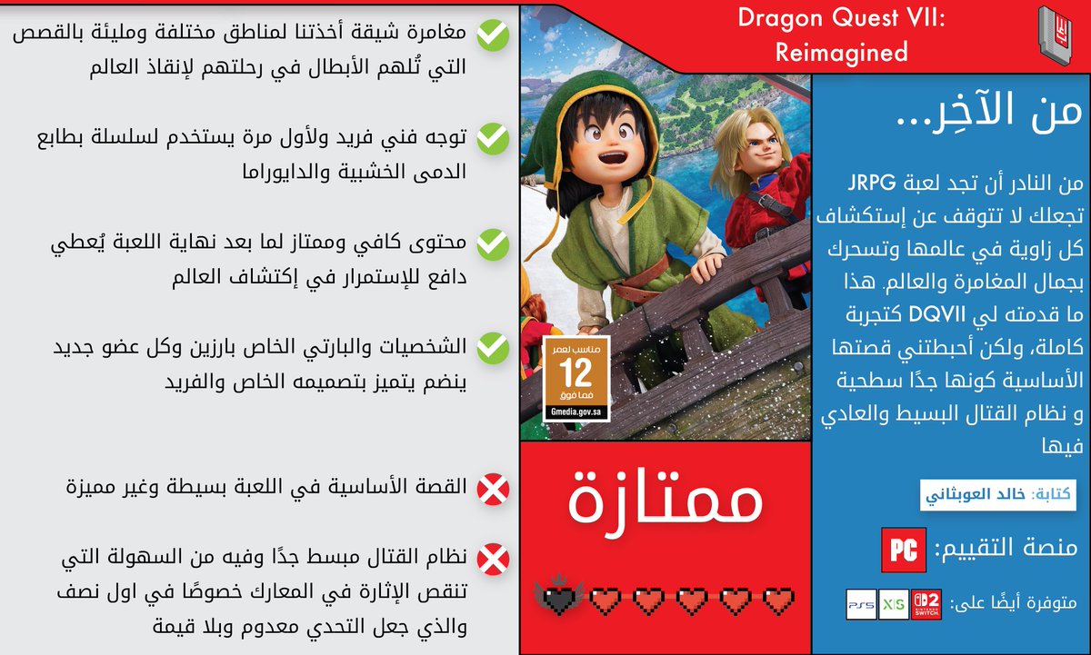 تقييمنا للعبة #DragonQuestVIIReimagined 

من كتابة ✍🏼: <a href="/KhaledSAW_/">Khaled</a> 

"من النادر أن تجد لعبة JRPG تجعلك لا تتوقف عن إستكشاف كل زاوية في عالمها وتسحرك بجمال المغامرة والعالم. هذا ما قدمته لي DQVII كتجربة كاملة، ولكن أحبطتني قصتها الأساسية كونها جدًا سطحية و نظام القتال البسيط
