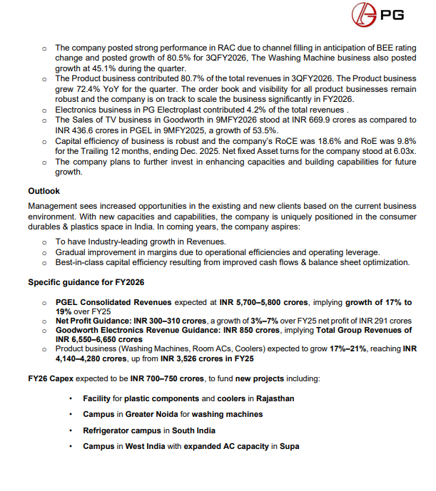 gaze_observer's tweet photo. PG Electroplast Ltd Q3 FY26:-
#Q3Results #Q3FY26 #Stockmarket #Nifty #PGelectro
➤ Operating Revenue ₹1,412.13 Cr (+45.9% YoY)
➤EBITDA ₹126.11 Cr (+36.5% YoY)
✓ EBITDA Margin 8.9% vs 9.5% YoY
➤ Net Profit ₹60.31 Cr (+50.3% YoY)
➤ Product business ~80.7% of Q3 revenue (+74.2% YoY)
➤ RAC +80.5% YoY (channel fill ahead of BEE rating change)
➤ Washing machines +45.1% YoY
➤ Order book and visibility for all product businesses remain robust and the company is on track to scale the business significantly in FY2026
➤ Electronics business ~4.2% of revenue
➤ Outlook & FY26 Guidance
✓ PGEL Consolidated Revenue ₹5,700–5,800 Cr (+17% to +19% YoY)
✓ Net Profit ₹300–310 Cr (+3% to +7% YoY)
✓ Product Business ₹4,140–4,280 Cr (+17% to +21% YoY)
✓ Electronics Revenue ₹450 Cr (+29% YoY)
✓ Goodworth Electronics ₹850 Cr (+57% YoY)
✓ Total Group Revenues ₹6,550–6,650 Cr (+21% to +23% YoY)
➤ Capex Plan (FY26)
✓ ₹700–750 Cr toward:
- Plastic components & coolers facility (Rajasthan)
- Washing machines campus (Greater Noida)
- Refrigerator campus (South India)
- Expanded AC capacity (Supa, West India)
➤ Management Commentary:-
✓ Strong product-led growth delivered despite a challenging market environment, led by room air conditioners (RACs) and washing machines.
✓ Growth momentum remains intact across key focus categories, reinforcing the strength of the core product portfolio.
✓ Targeted investments underway to build new capabilities and strengthen the operating platform, enhancing long-term competitiveness and strategic advantage.
✓ The company has established itself as a preferred and trusted partner for RAC and washing machine solutions in India, serving leading consumer durable brands.
✓ Resilient, largely debt-free balance sheet provides flexibility to capitalize on emerging sector opportunities and outperform peers.
✓ Clear management focus on industry-leading growth while sustaining superior return ratios over the medium to long term.