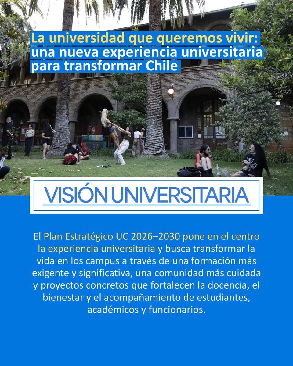 #SelloUC | La universidad que queremos vivir 💙.
✨ ¿Sabes de qué se trata el Plan Estratégico UC 2026–2030? Es muy importante para la #ComunidadUC, porque pone en el centro la experiencia universitaria.

🔗 Lee más en la nota de #VisiónUniversitaria visionuniversitaria.uc.cl/vida-universit…
