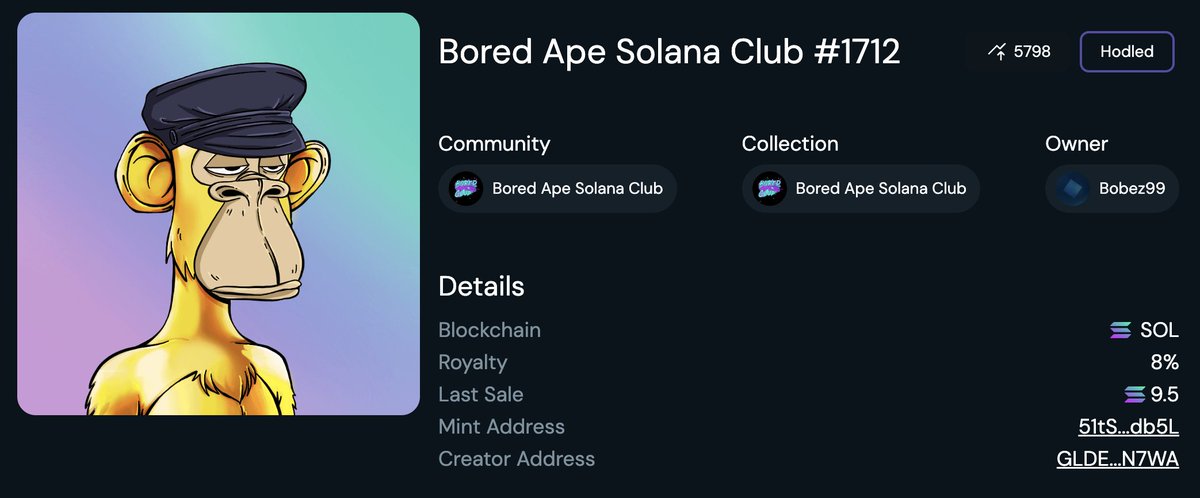 Yesterday, this Gold BASC was purchased for 9.5 SOL.
Congrats to the buyer <a href="/BOBtheCOLLECTOR/">Bob</a> 💙💜