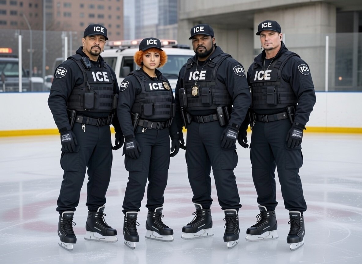 TheMossadIL's tweet image. For no reason here's Ice T, Ice Spice, Ice Cube and Vanilla Ice working for ICE on ice skates at the ice rink.