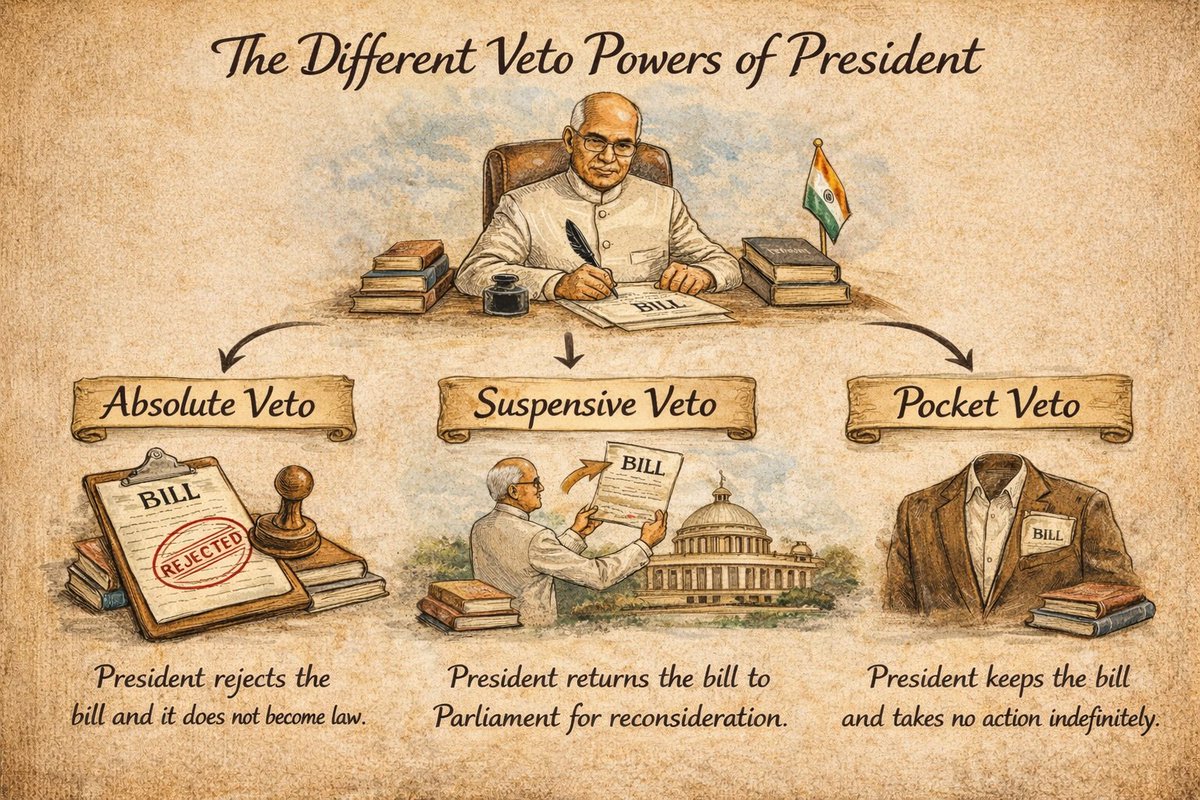 ra70255's tweet image. “President of India ke Veto Powers – Absolute Veto, Suspensive Veto aur Pocket Veto ka saral aur visual explanation.”
#IndianPolity
#PresidentOfIndia
#VetoPower
#AbsoluteVeto
#SuspensiveVeto
#PocketVeto
#UPSC
#UPSCPolity