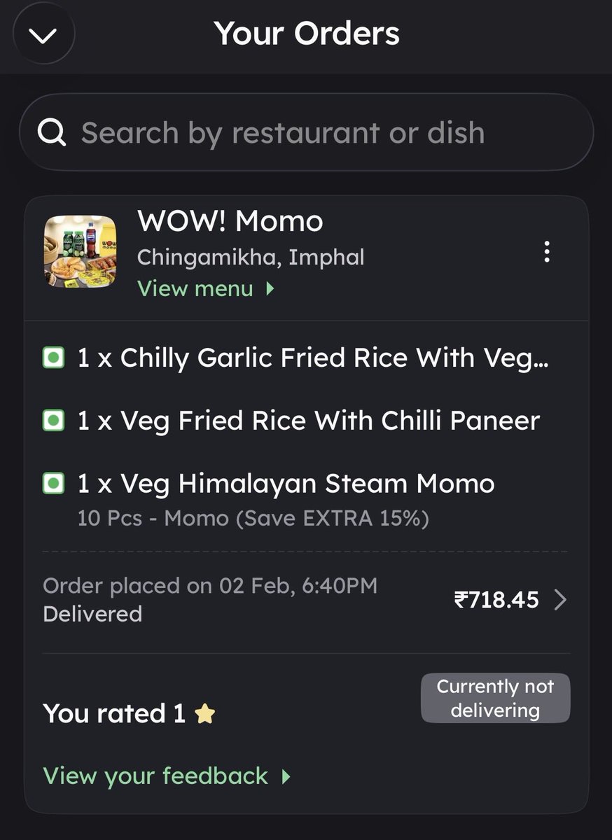 sciencekaree's tweet photo. Dear @zomato @zomatocare 
I placed an order (photo attached). fried rice in both items was clearly stale and had strong foul smell (attached video). It also has non-veg, which is unacceptable. I contacted via chat, but my issue was ignored and chat was closed without resolution. https://t.co/HcbCWikFIk