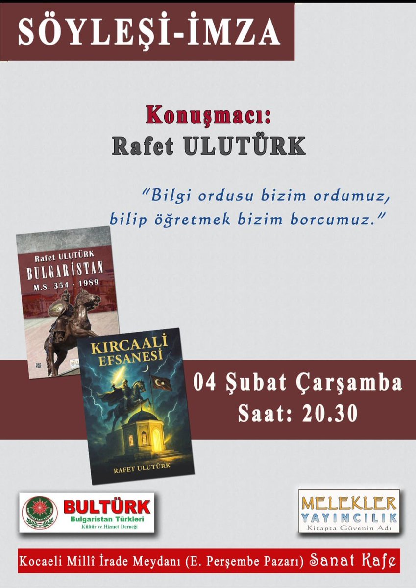 04 Şubat Çarşamba
Saat: 20.30
Kocaeli Millî İrade Meydanı (Eski Perşembe Pazarı) Sanat Kafe

Tüm Balkan Türkleri ve Türk Dünyası gönüllüleri davetlidir.

Söyleşi sonunda yazarımız kitaplarını imzalayacaktır.

#imzagünü #rumeli #balkan #bulgaristangöçmenleri #kırcaali